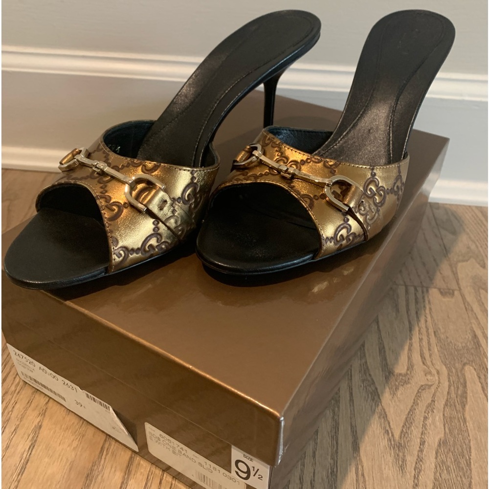 NIB GUCCI Guccissima Gold Star Horsebit Metallic Leather Slides Heels 247520